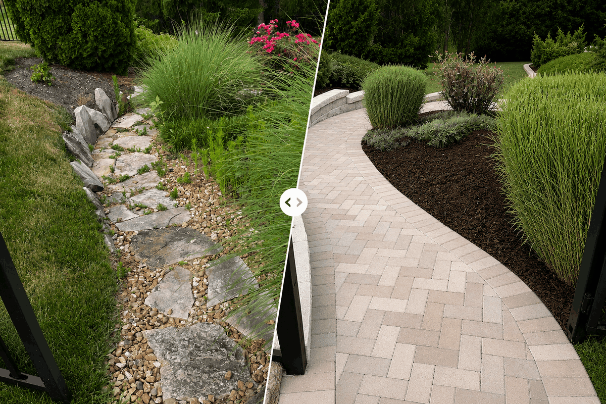 Excel Landscaping transformed an aging, weed-filled pathway into a beautiful paver walkway with a residential retaining wall in Wildwood