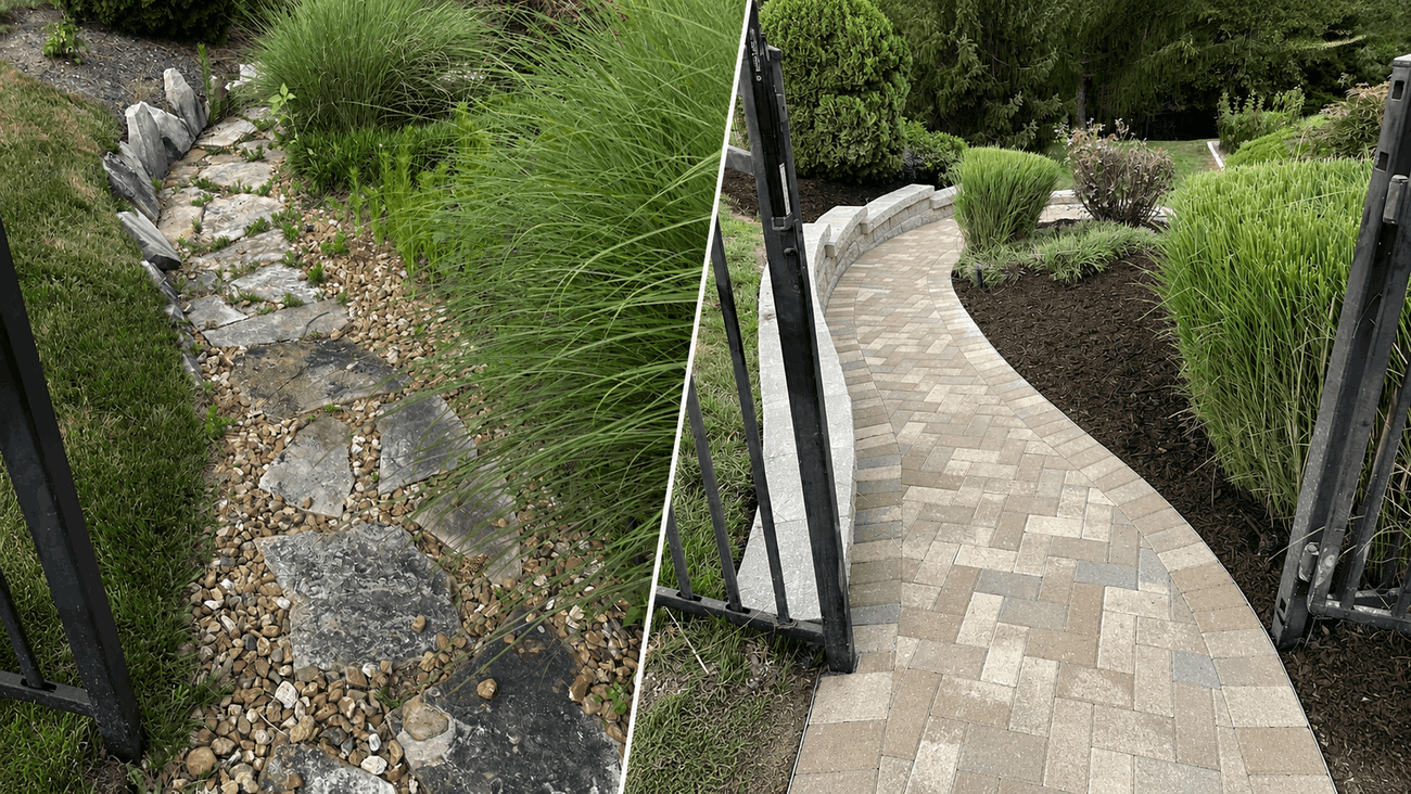 Excel Landscaping transformed an aging, weed-filled pathway into a beautiful paver walkway with a residential retaining wall in Wildwood