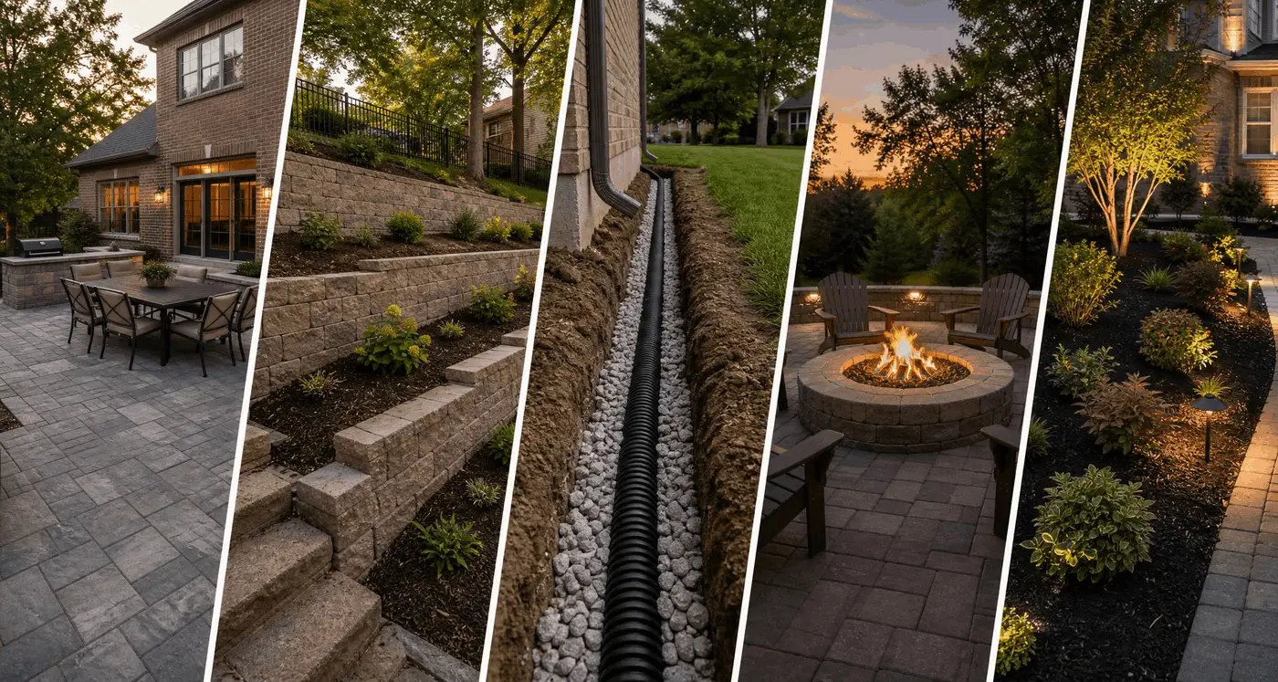 Paver patio and block retaining wall in a St. Louis backyard