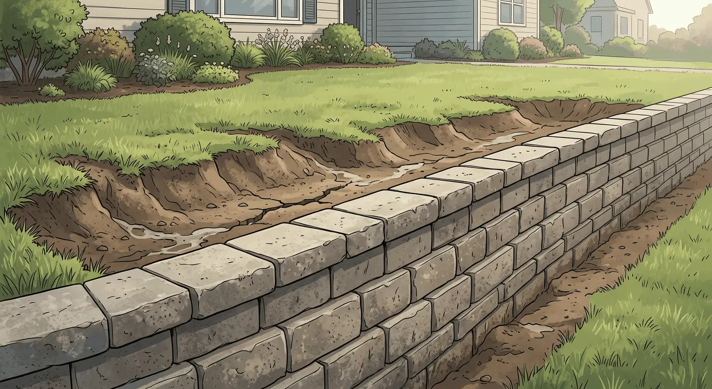 soil settlement developing behind retaining wall