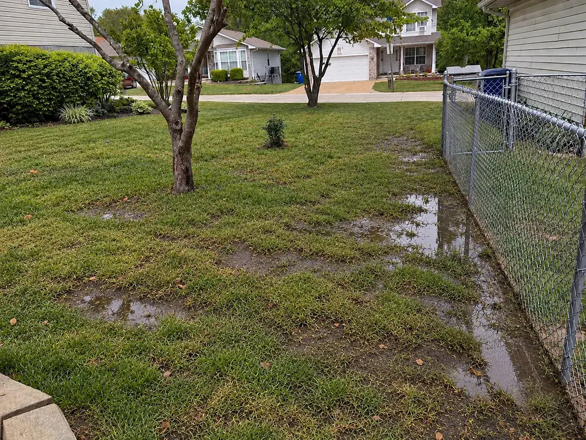 AI reconstruction of standing water in a Brentwood, MO yard before drainage