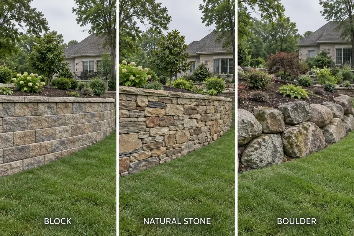 AI Generated options for Railroad tie wall replacement, block, natural stone, boulder